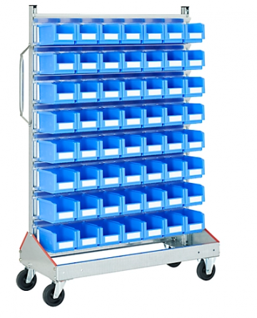 Trolley voor magazijnbakken enkelzijdig mobiel magazijnrek b 1130 x d 510 x h 1705 mm 56 x 3 l blauw