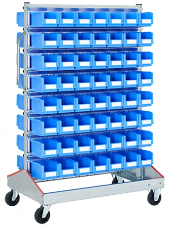 Trolley voor magazijnbakken tweezijdig b 1130 x d 710 x h 1705 mm 112 x 3 l blauw