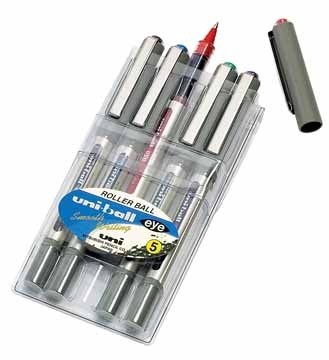 Uni-ball roller Eye Fine Fine, schrijfbreedte 0,5 mm, punt 0,7 mm, etui van 5 stuks: blauw, rood, groe...